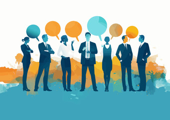 Business Leader Presenting to Team with Speech Bubbles Illustrating Concepts, Blue and Orange Minimalistic Vector Illustration, Professional Team Communication during Daytime Meeting