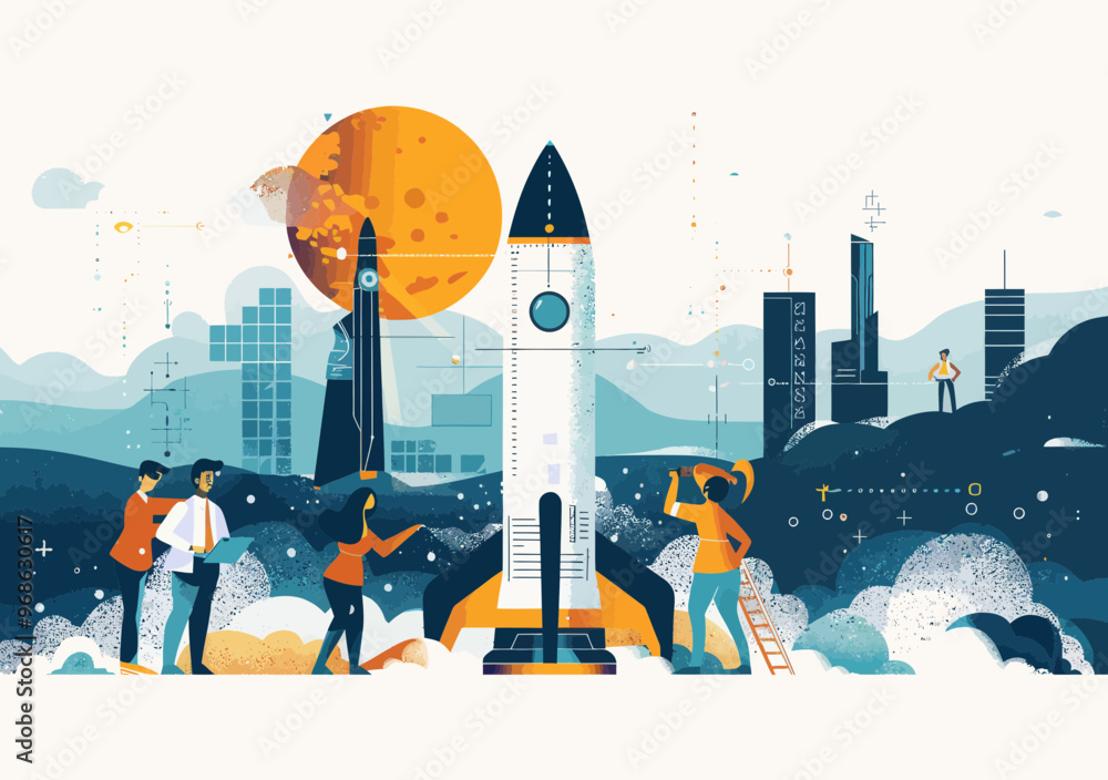 Poster startup team launching space project rocket at dawn - business vector illustration of cooperation an