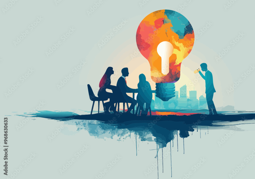 Aufkleber collaborative team discussion for innovative project ideas, minimalistic illustration of people brai