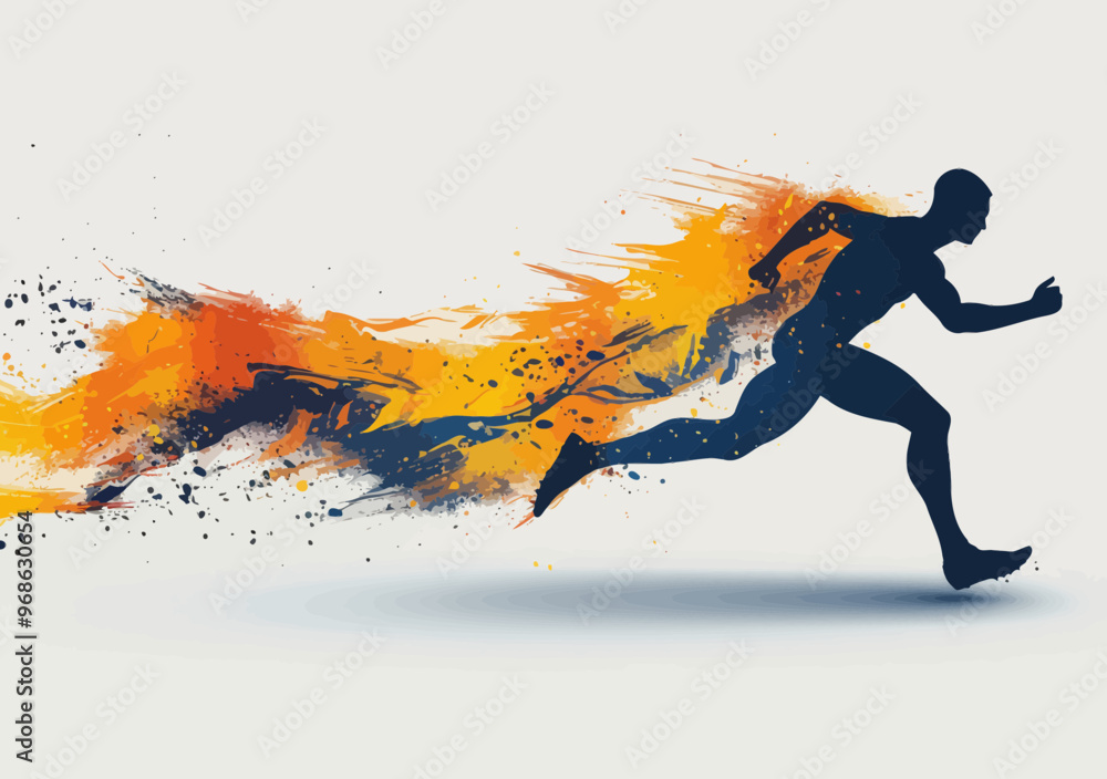 Poster dynamic businessman sprinting towards success with vibrant motion brush strokes - minimalistic vecto