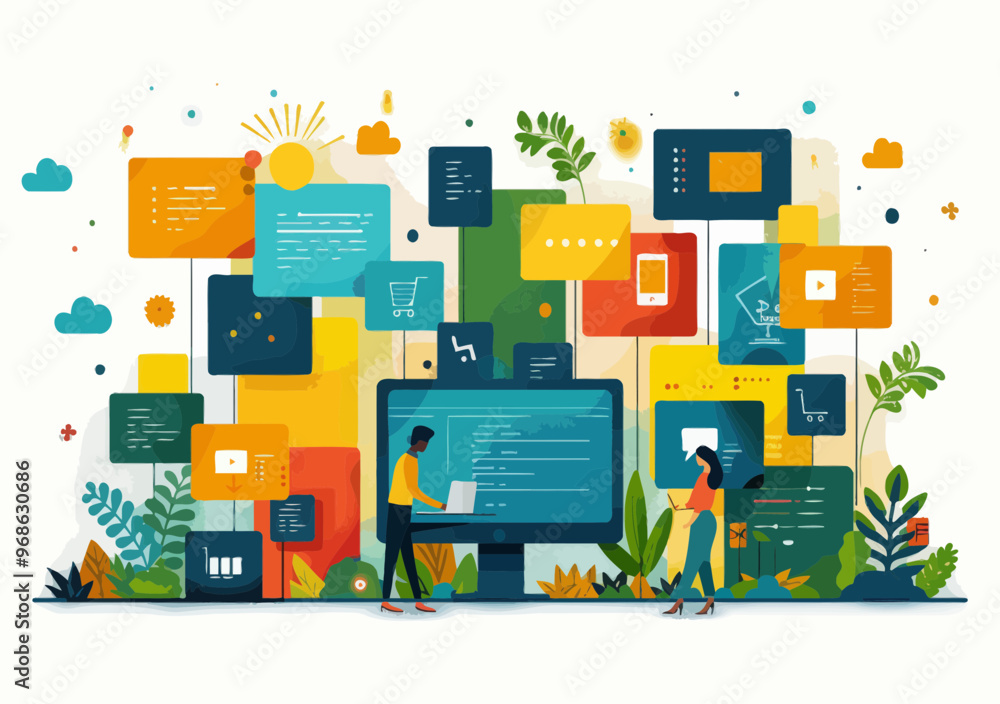 Poster illustration of people engaging in online communication and work with digital devices and colorful i