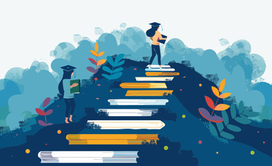 Students Climbing Book Stairway to Knowledge, Minimalistic Vector Illustration Depicting Education Journey and Learning Success