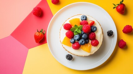 A delicious tart with fresh fruit on a white plate on a pink and yellow background.