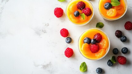Three glass jars with creamy orange dessert topped with blueberries, raspberries and mint leaves on white marble background.