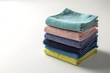 A pristine, minimalist image of a stack of vibrant color microfiber cloths