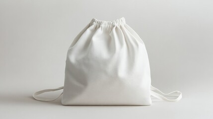 White drawstring bag isolated on a light grey background