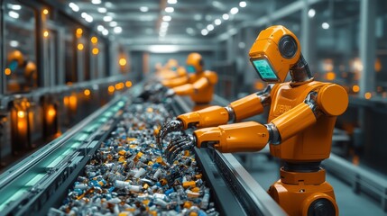 AI-assisted recycling robots sorting waste in futuristic recycling plants: Robots analyzing and categorizing waste for efficient recycling.