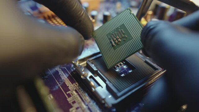 Modern processor CPU on the motherboard of the computer. The concept of technology hardware and repair in the neon light