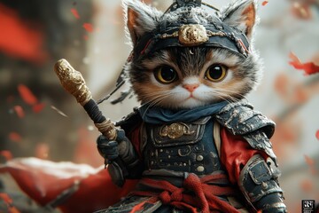 A cat is dressed in a costume and holding a stick