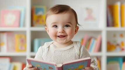 Baby with a joyful expression holding a storybook, surrounded by various colorful children s books, Baby and books, love for reading, early learning