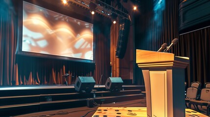 A podium with a blank screen, on a stage with professional lighting and sound equipment set up