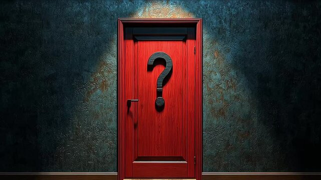 A closed door featuring a prominent question mark stands against a dark textured wall