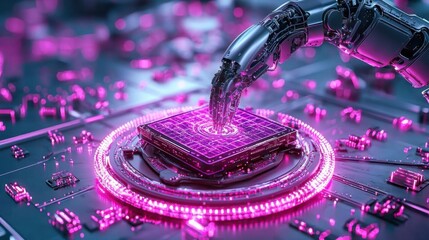 Fototapeta premium Advanced AI-powered robotic arms assembling digital devices in a glowing factory