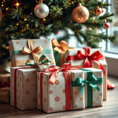 Festively wrapped gifts with ribbons and bows, ready for the holidays.