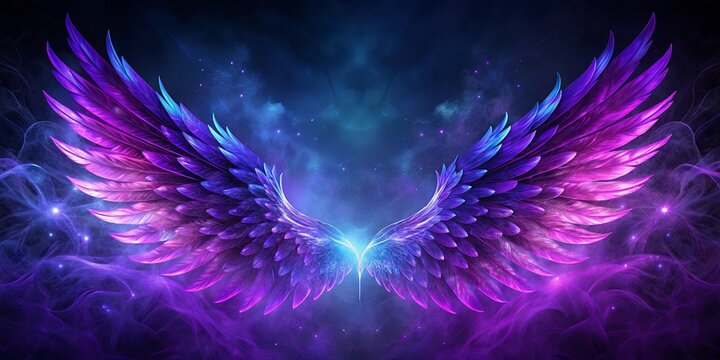 Purple wings on black, blue and purple backgrounds creating a magical and mystical image