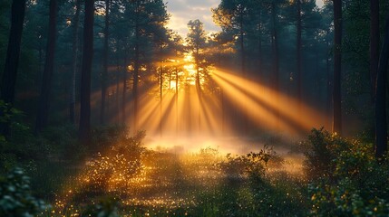 Fototapeta premium Photorealistic image of a misty forest at dawn with sunlight streaming through the trees and illuminating the dewy foliage creating a serene and ethereal atmosphere