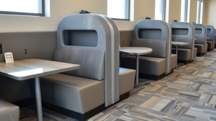 Fototapeta premium Study Cubicles: Small, enclosed desks offering privacy and quiet for studying or reading. Equipped with built-in electrical outlets for laptops and other devices. 