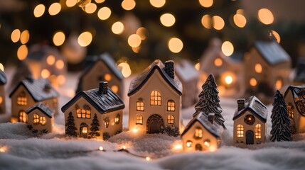 Christmas Snow Falling on Burning light background with little toy houses