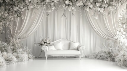 Wedding backdrop with sofa esthetic flower wreath pastel color decoration indoor white background