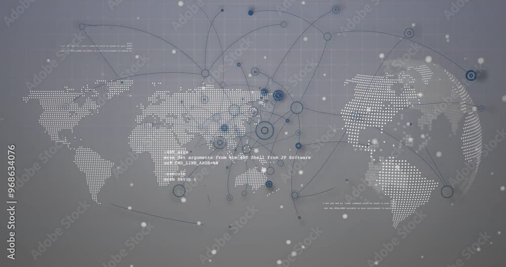 Poster animation of data processing and network of connections over world map and globe