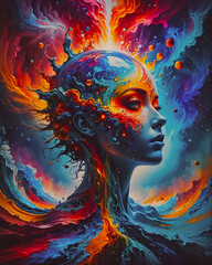 Fototapeta premium Beautiful female face with abstract paint splash. 3D rendering.