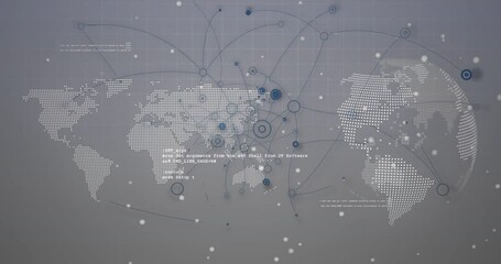 Animation of data processing and network of connections over world map and globe - Powered by Adobe