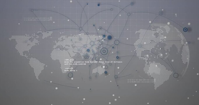 Animation of data processing and network of connections over world map and globe