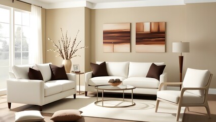 A stylish living room showcasing a white couch, a complementary chair, and a plush rug, enhancing the space's comfort and elegance.
