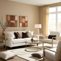 Obraz premium An inviting living room with a white couch, a chair, and a rug, designed for relaxation and aesthetic appeal.