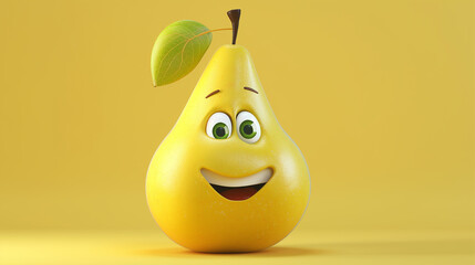 Cute pear with face 3d cartoon character, isolated on yellow background