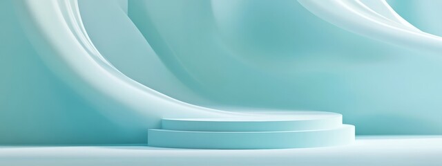 Soft mint podium with fluid, curved backdrop resembling gentle waves. Platform for product presentation