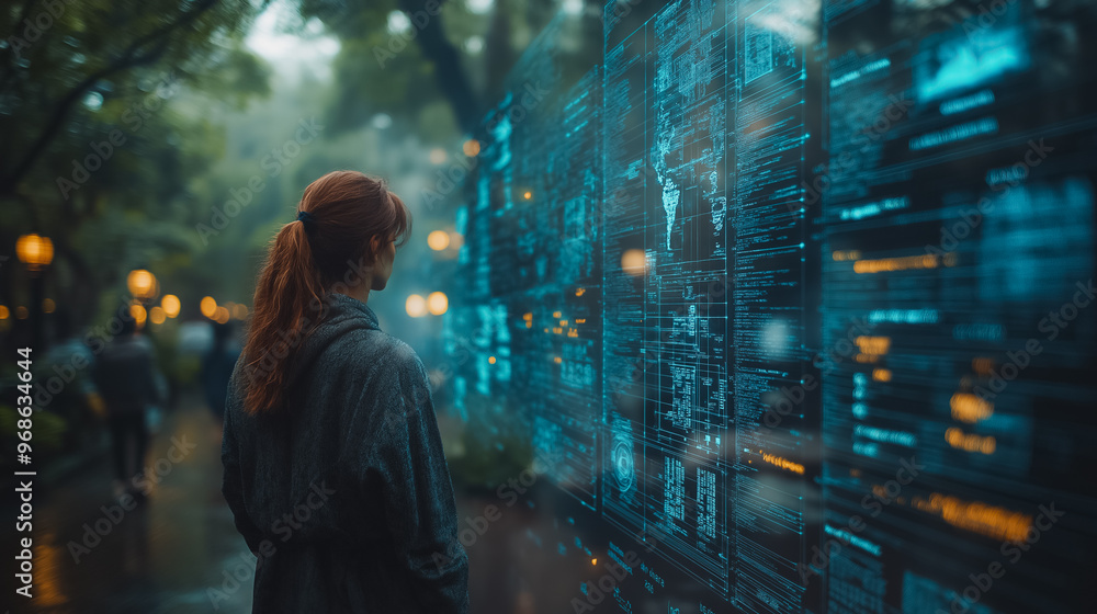 Poster a woman stands in front of a wall of computer screens. the screens are filled with various lines of 