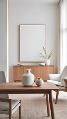 A contemporary living room featuring a wooden table surrounded by stylish chairs, creating a warm and inviting atmosphere.