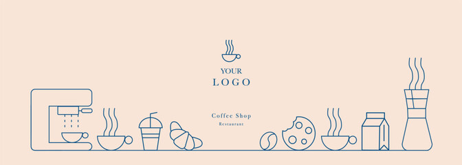 Hand drawn illustration of Bakery and Coffee. Icons. Abstract geometric line background. Gold luxury. Pattern for cover design, food package, menu, background, café wall, coffee shop, web banner