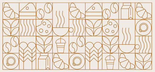 Coffee modern geometric pattern in mosaic line tiles, vector background. Coffee cup and moka pot with cappuccino and espresso, coffee beans and hot chocolate in geometric pattern 
