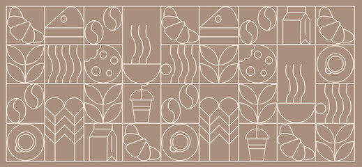 Coffee modern geometric pattern in mosaic line tiles, vector background. Coffee cup and moka pot with cappuccino and espresso, coffee beans and hot chocolate in geometric pattern 
