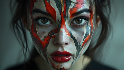 Eerie portrait of a woman with abstract patterns, large piercing eyes, and a mouth twisted in a demonic expression, evoking an unsettling atmosphere.