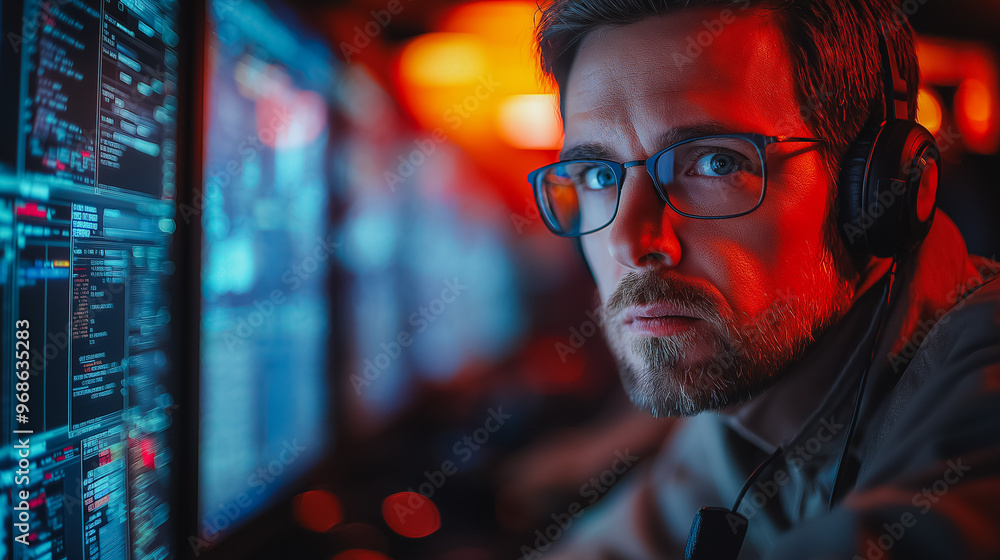 Poster a man wearing glasses and headphones is staring at a computer screen with multiple monitors. concept