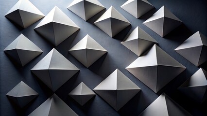Abstract geometric paper shapes with shadows on black diagonal background, top view flat lay