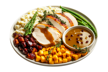 Plate of Thanksgiving dinner featuring turkey slices, roasted potatoes, cranberry sauce, mashed potatoes, and asparagus isolated on white transparent background. Concept of festive meal