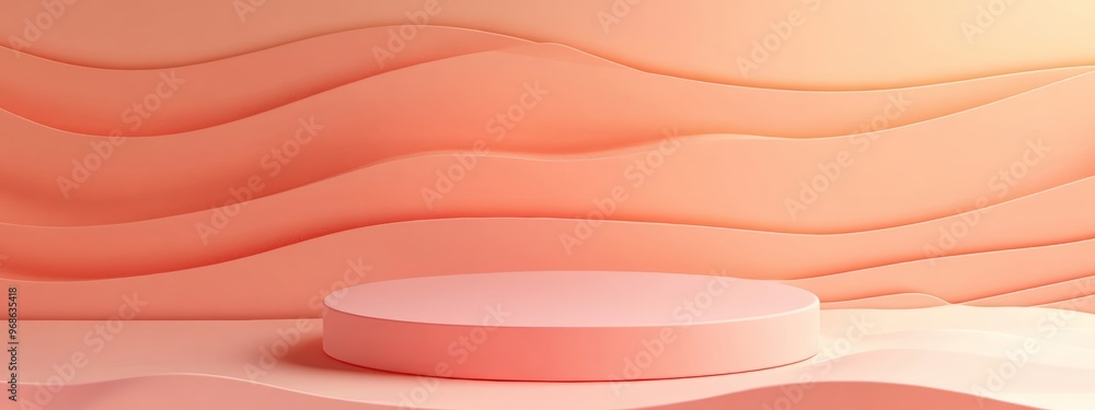 Aufkleber coral podium with abstract wave patterns against a solid coral backdrop. platform for product presen