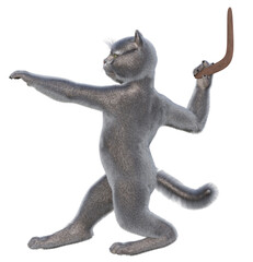 Fototapeta premium Anthropomorphic cat ready to throw a boomerang. 3d rendering on a transparent background. No AI used