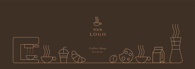Hand drawn illustration of Bakery and Coffee. Icons. Abstract geometric line background. Gold luxury. Pattern for cover design, food package, menu, background, café wall, coffee shop, web banner