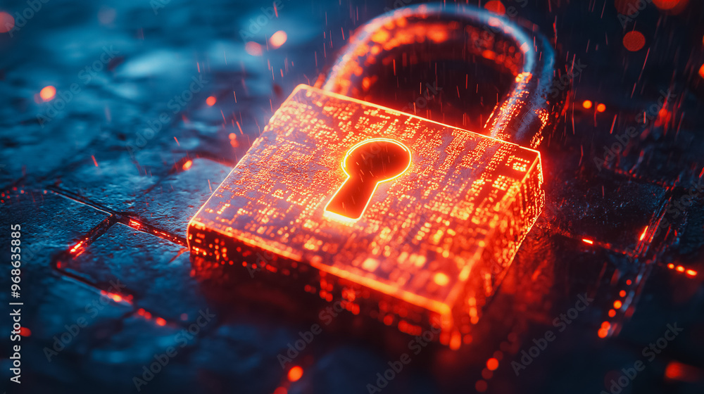 Poster cybersecurity: digital lock with glowing data encryption symbols, secure online access, robust prote