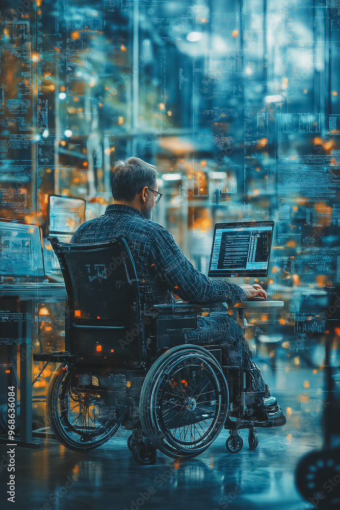 Poster a man in a wheelchair is sitting at a desk with a laptop. the image is a computer generated one, wit