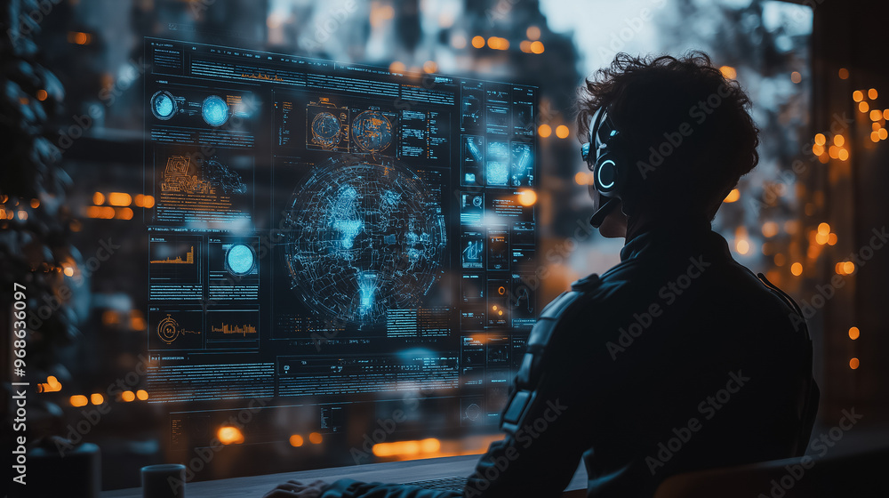 Poster a man is sitting in front of a computer screen with a headset on. the screen is filled with various 