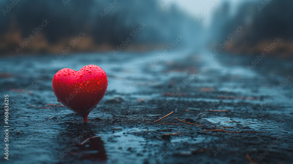 Poster a heart is floating on a puddle of water. the heart is red and has a small hole in the middle. the p