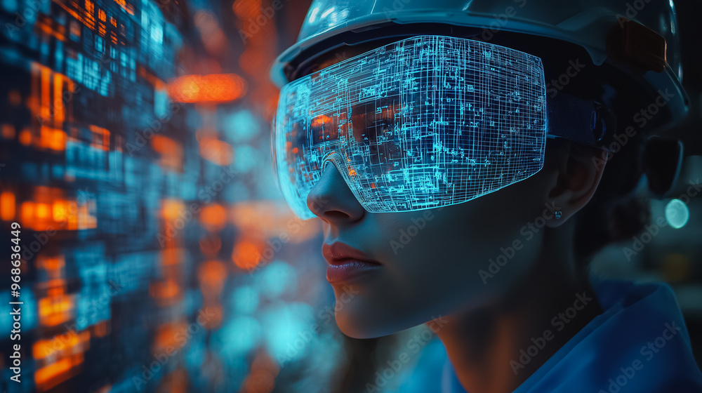 Poster a woman wearing a helmet and goggles looking at a computer screen. concept of technology and innovat