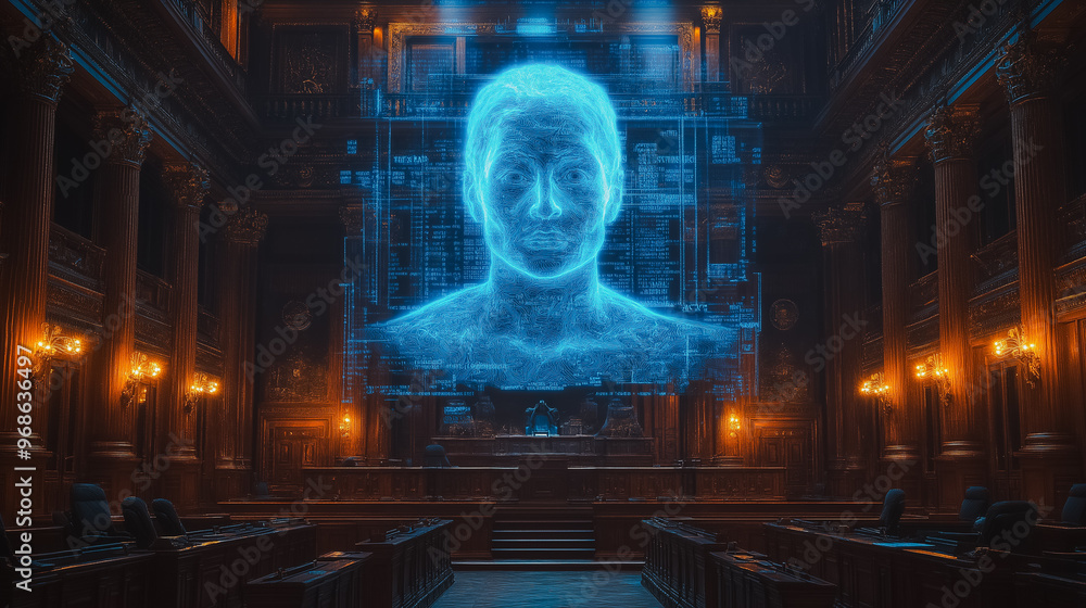 Poster a man's face is projected on a large screen in a room. the image has a futuristic and technological 