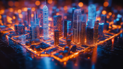 A cityscape with buildings lit up in orange and blue lights. The city is shown in a 3D format, giving it a futuristic and technological feel